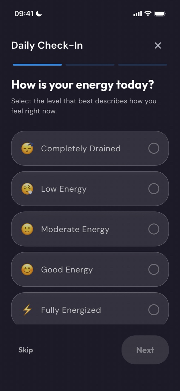 Daily check-in asking how your energy is today