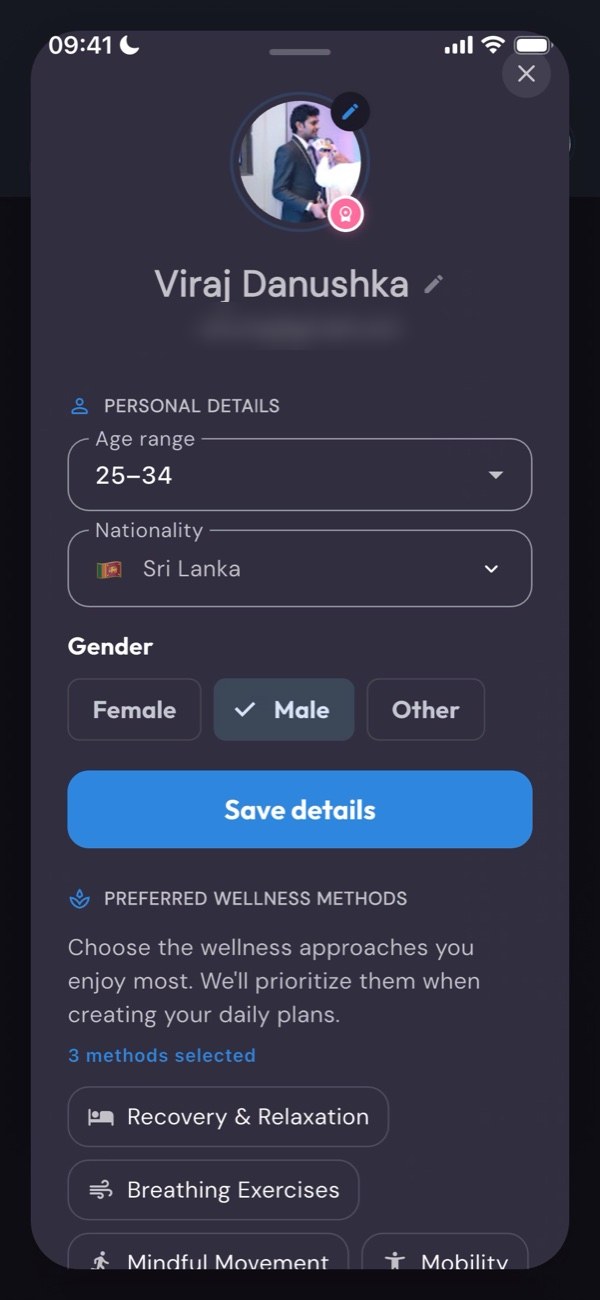 Profile with personal details and preferred wellness methods