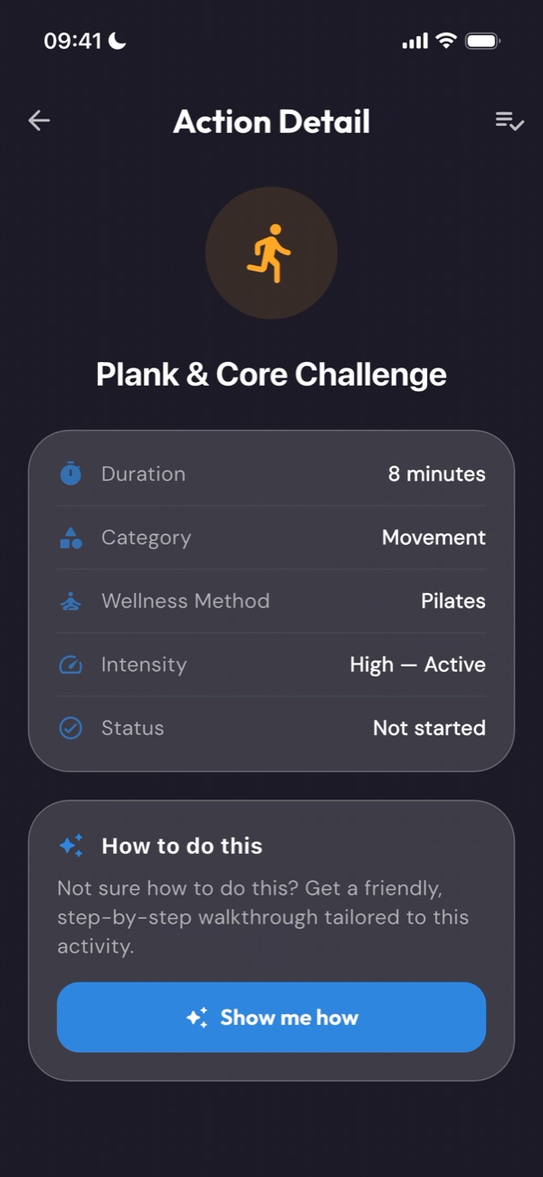 Plank and core challenge action details with a how-to guide