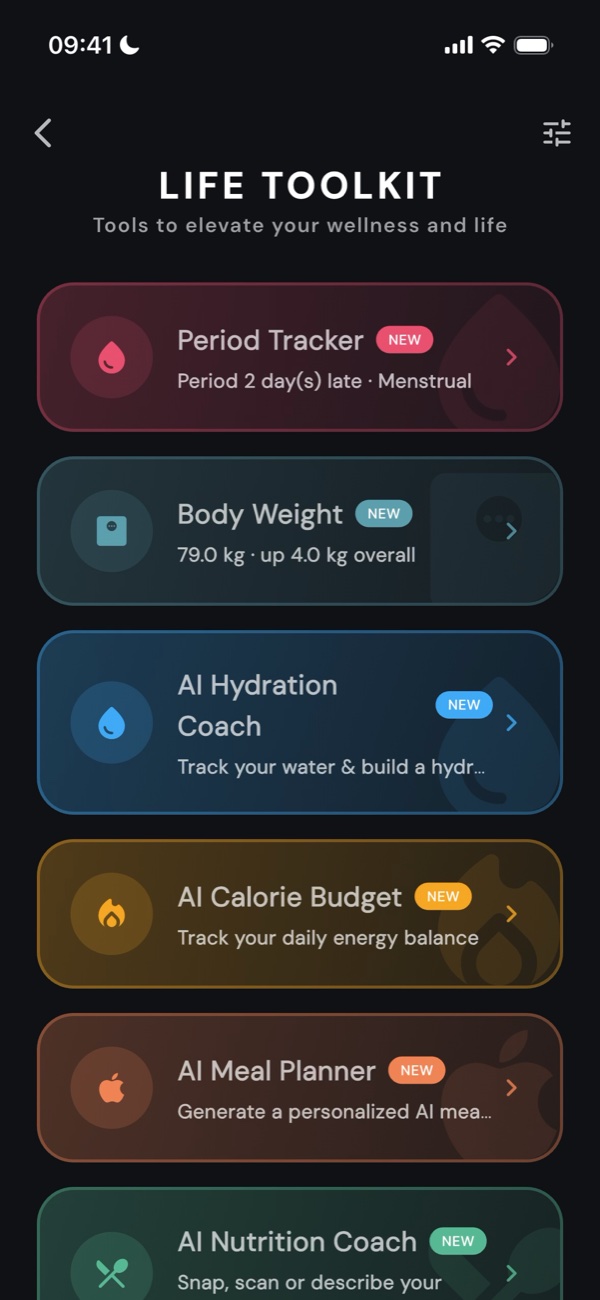 Life toolkit with period tracker, body weight, hydration, calorie and meal planning tools