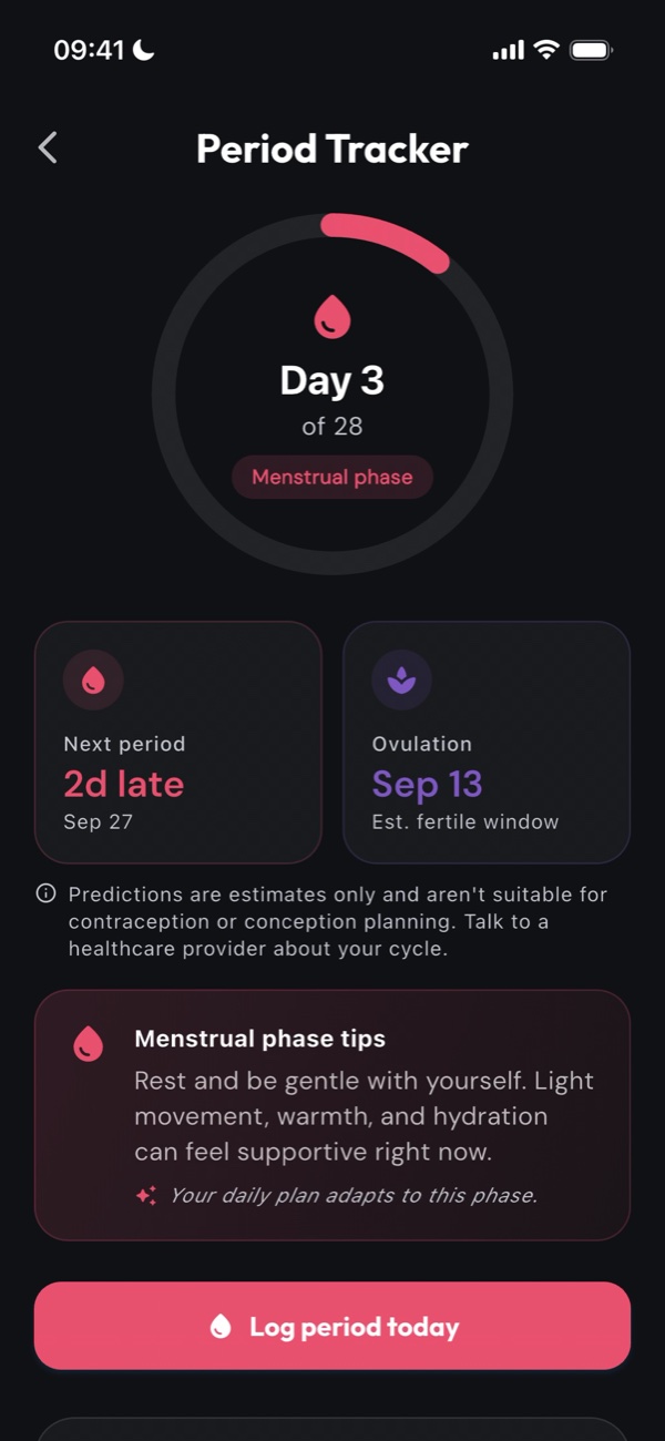 Period tracker with cycle day, predictions and phase tips